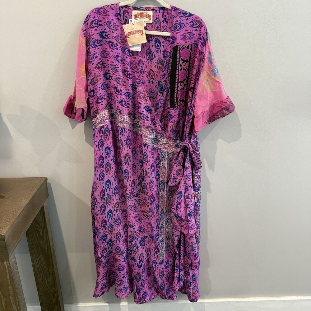 Kantha Bae Wrap Dress Patchwork Floral Boho Festival Silk Pink Gypsy Hippie NWT